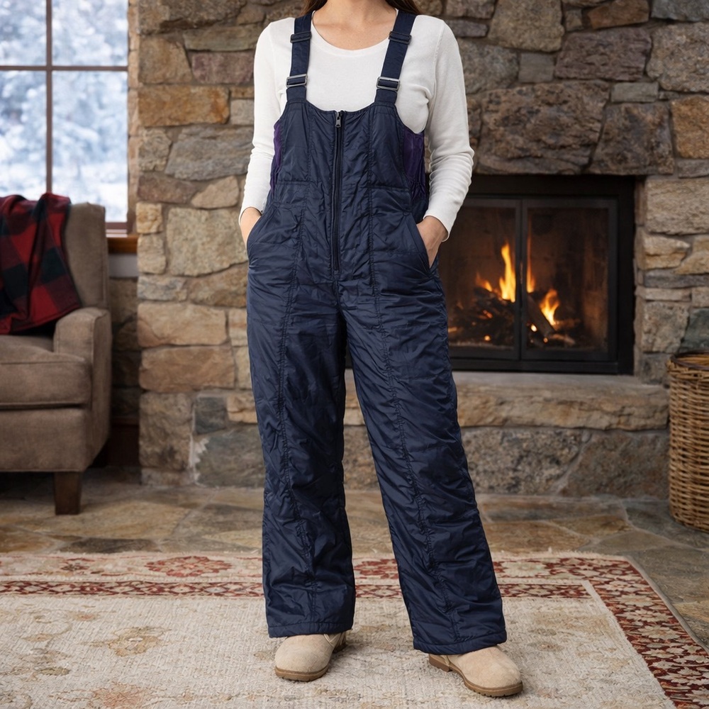 Vintage Women’s 8 Insulated Ski Bib Overalls Navy Black Snow Pants Winter Gear